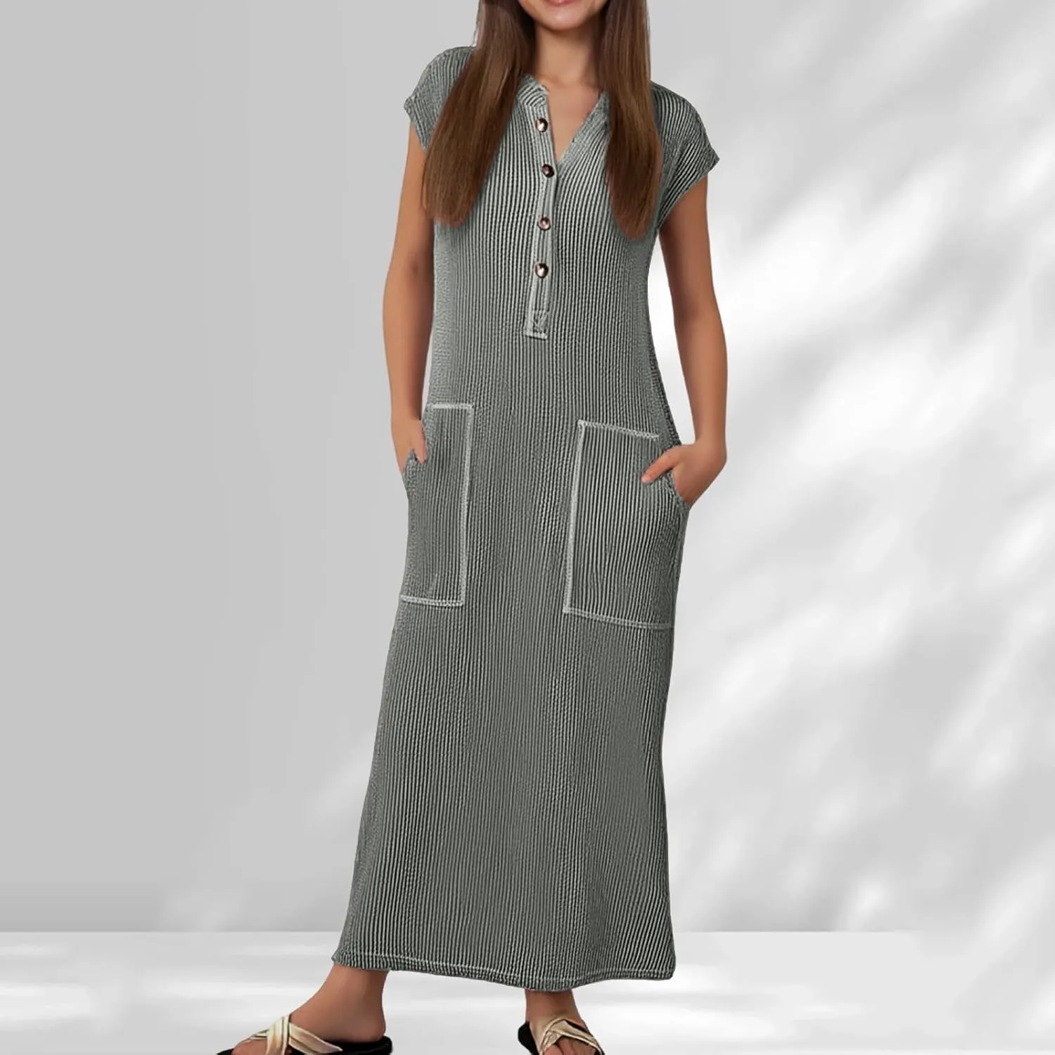 Cotton Dresses for Women 2025 Summer Vintage Maxi Short Sleeves Dress V Neck Long Dresses with Pockets Prom Sundress