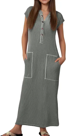 Cotton Dresses for Women 2025 Summer Vintage Maxi Short Sleeves Dress V Neck Long Dresses with Pockets Prom Sundress