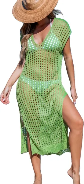 CUPSHE Women's Crochet Swim Suit Coverup Cap Sleeve Knit Loose Beach Cover Ups Side Split Midi Dress
