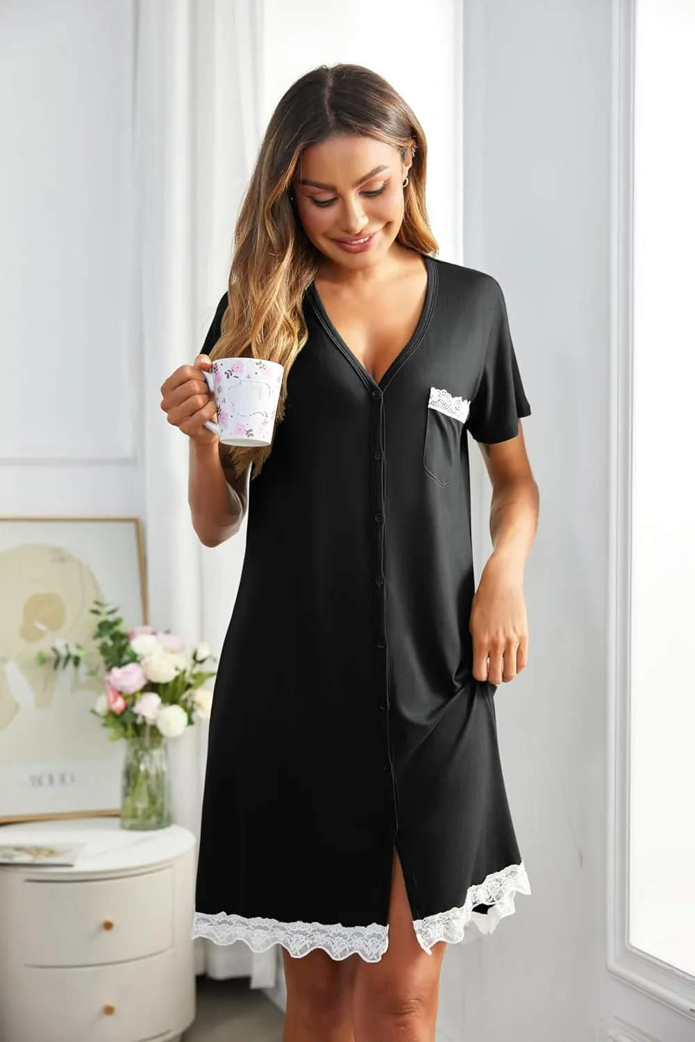 Ekouaer Women Striped Nightgowns Button Down Sleepshirts Short Sleeves Nightshirts