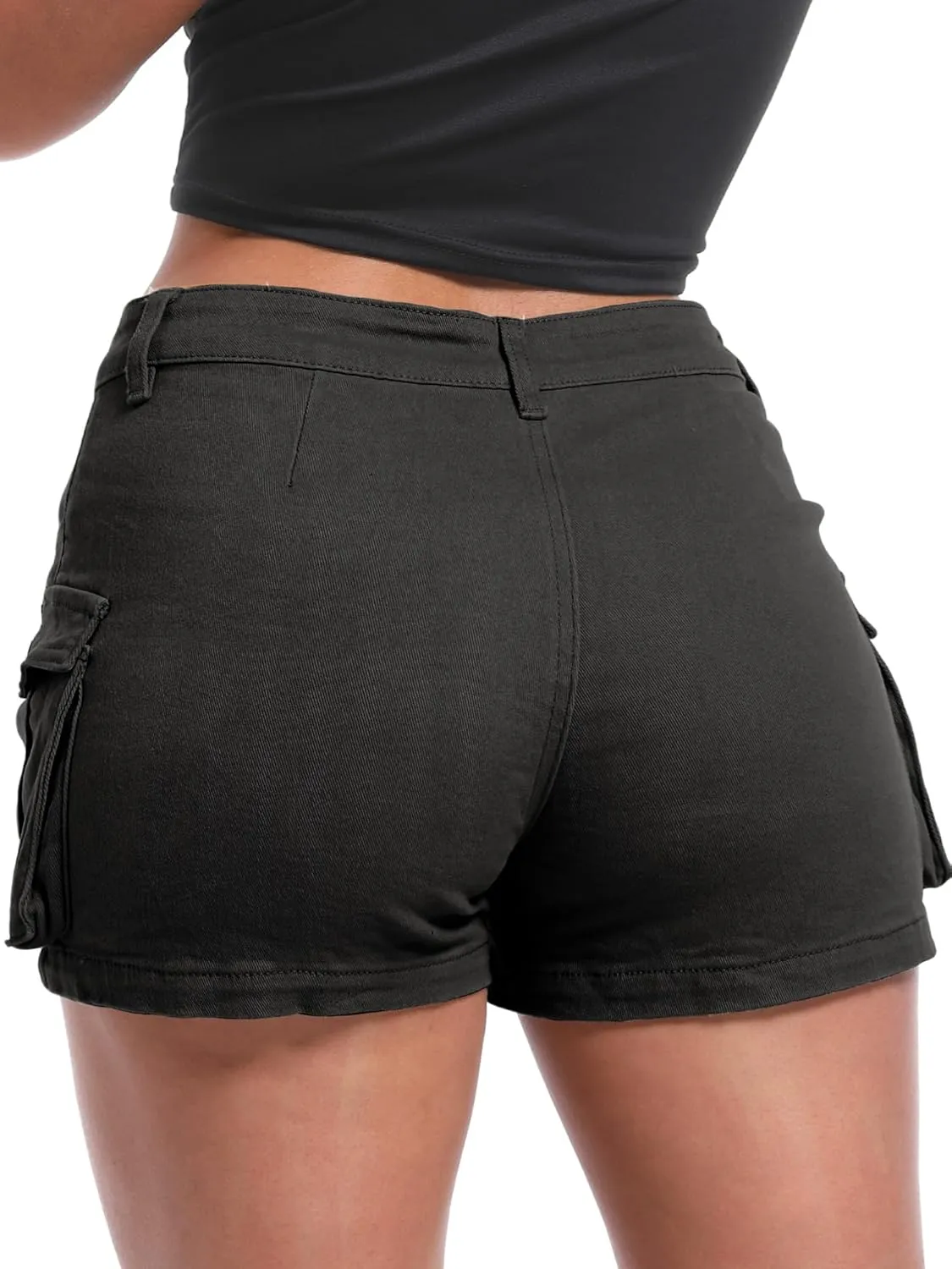 ELLEVEN Women's High-Stretch Cargo Shorts, Y2K Mini, High Waisted, Slim-Fitted Jean Shorts with Pockets
