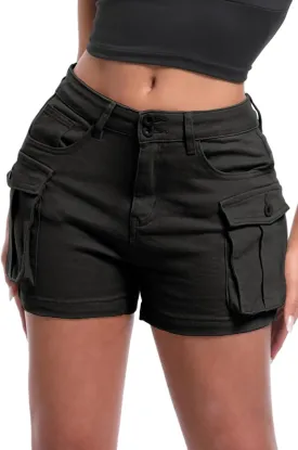 ELLEVEN Women's High-Stretch Cargo Shorts, Y2K Mini, High Waisted, Slim-Fitted Jean Shorts with Pockets