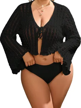 Floerns Women's Plus Size V Neck Long Flounce Sleeve Tie Front Knit Crop Cardigan