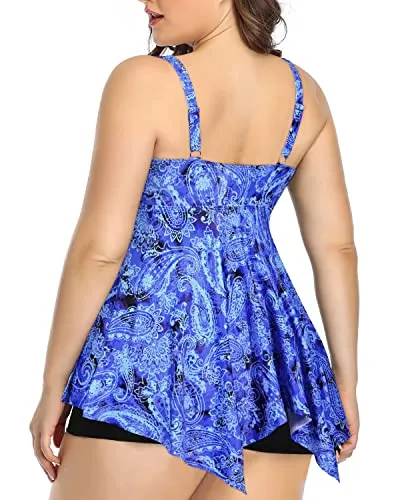 Flowy Plus Size Tankini Swimsuits For Women With Shorts Bathing Suits-Blue Tribal