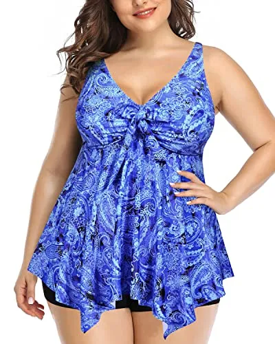 Flowy Plus Size Tankini Swimsuits For Women With Shorts Bathing Suits-Blue Tribal