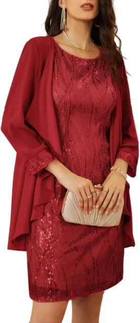 GRACE KARIN Women's Sequin Dress - Wedding Guest & Mother of The Bride Formal Dress - Two Piece Knee Length