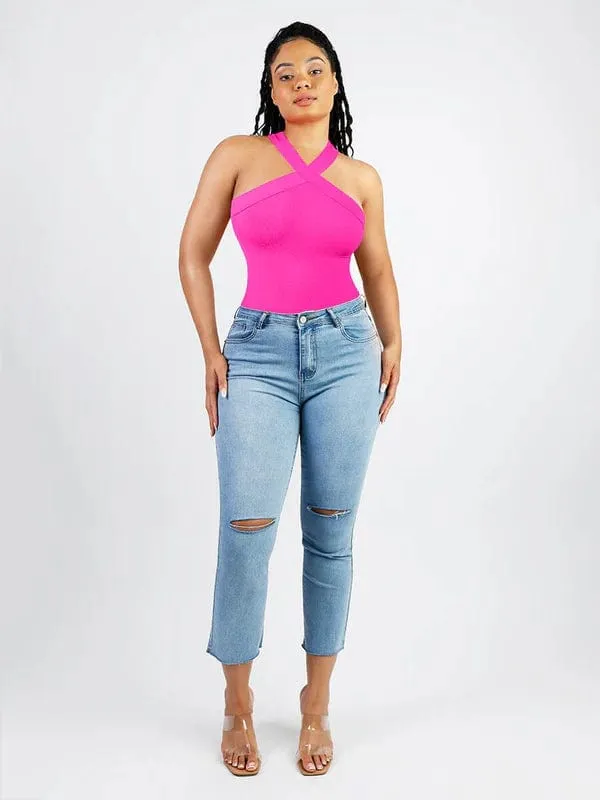 Halter Neck Criss-Cross Seamless Shapewear Bodysuit
