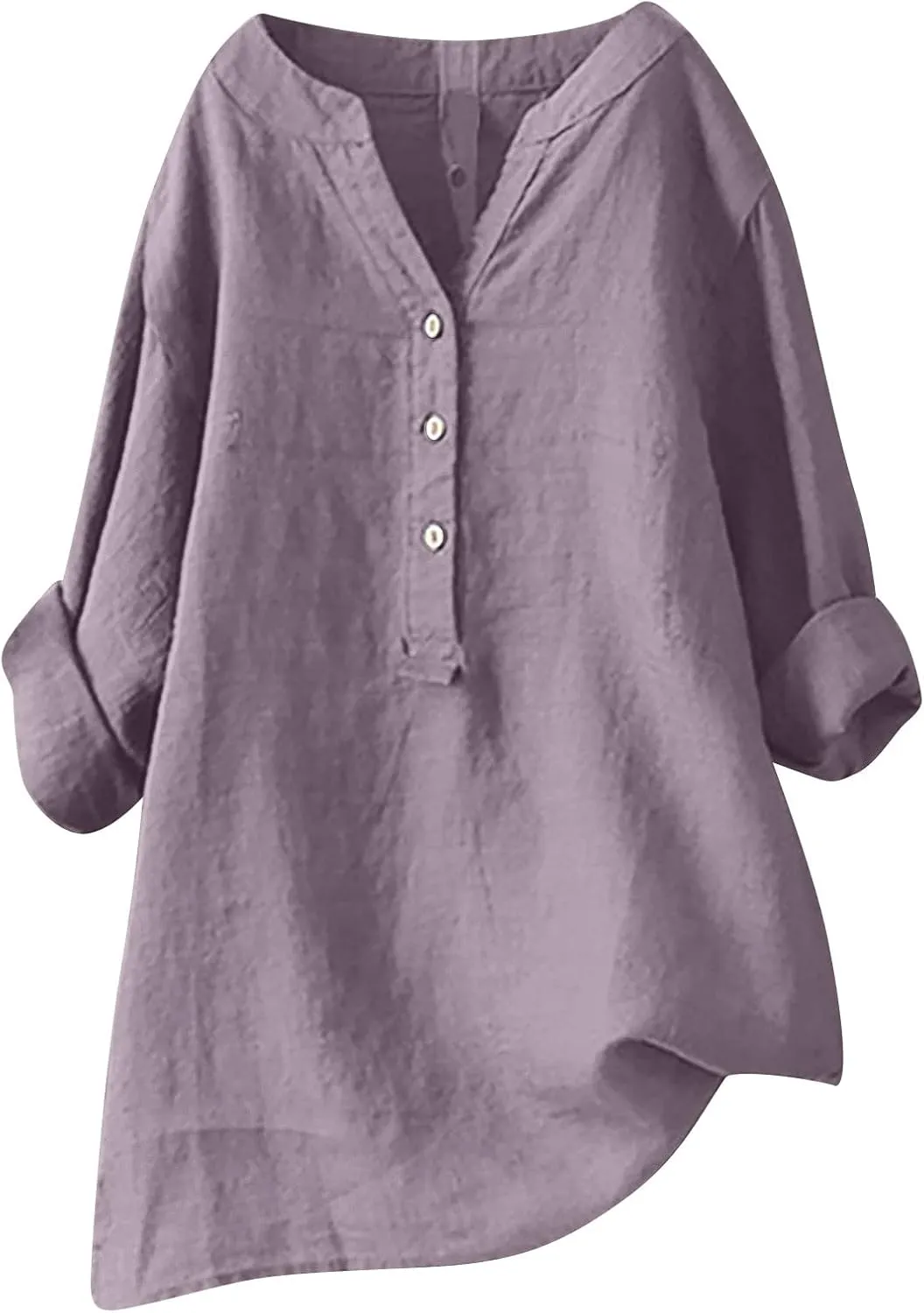 HGps8w Oversized Cotton Linen Tops for Women Half Button V Neck Long Sleeve Loose T-Shirts Summer Solid Color Tunic Blouse