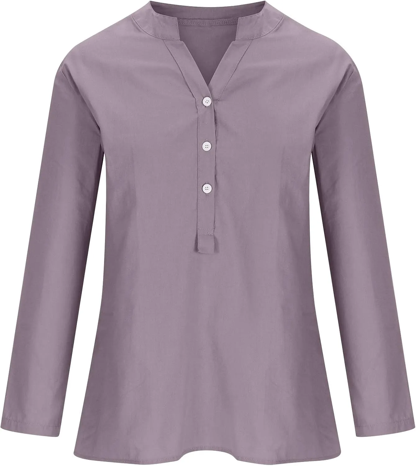 HGps8w Oversized Cotton Linen Tops for Women Half Button V Neck Long Sleeve Loose T-Shirts Summer Solid Color Tunic Blouse