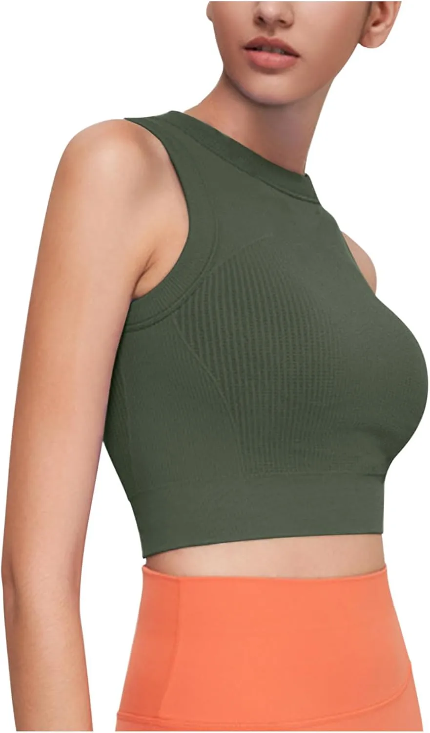 HGps8w Women's Bulit-in-Bra Tank Tops Ribbed Sexy Sleeveless Fitted Casual Basic Stretchy Cropped Workout Shirts