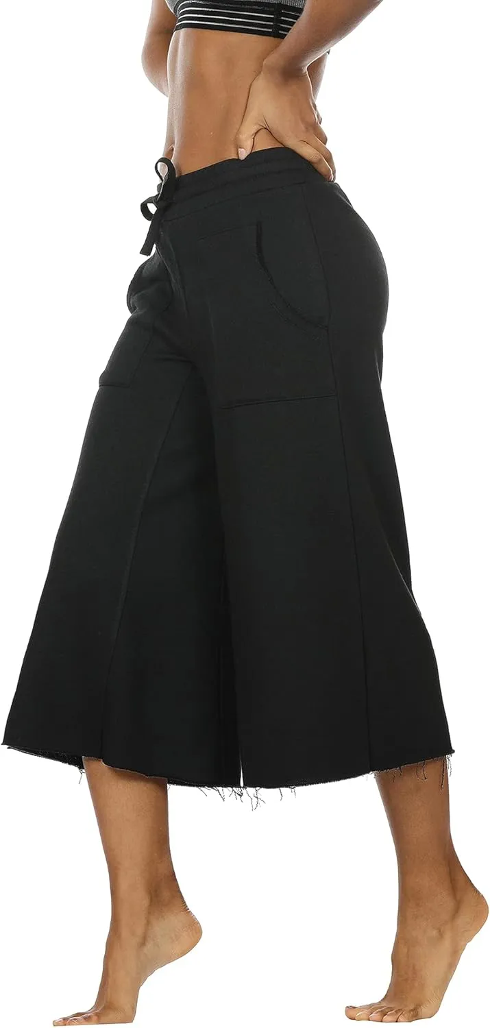 icyzone Culottes Capri Pants for Women - Elastic Waist Wide Leg Joggers Casual Lounge Cotton Sweatpants with Pockets