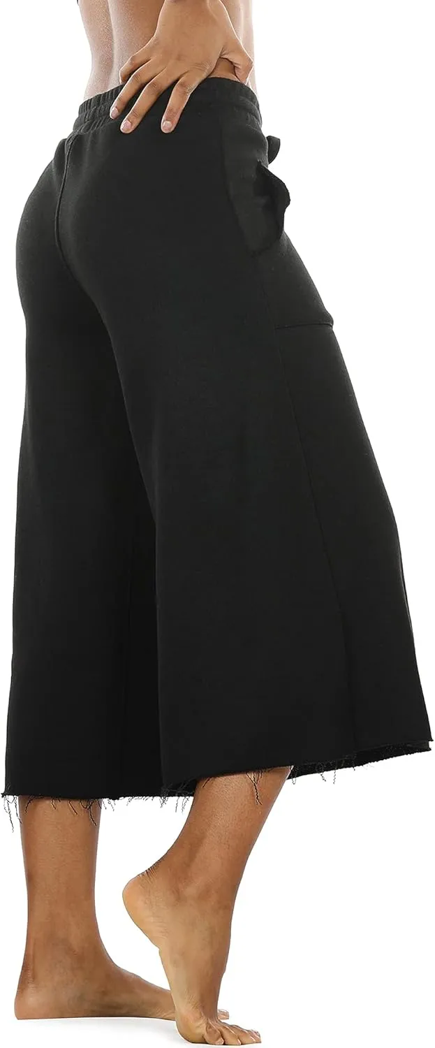icyzone Culottes Capri Pants for Women - Elastic Waist Wide Leg Joggers Casual Lounge Cotton Sweatpants with Pockets