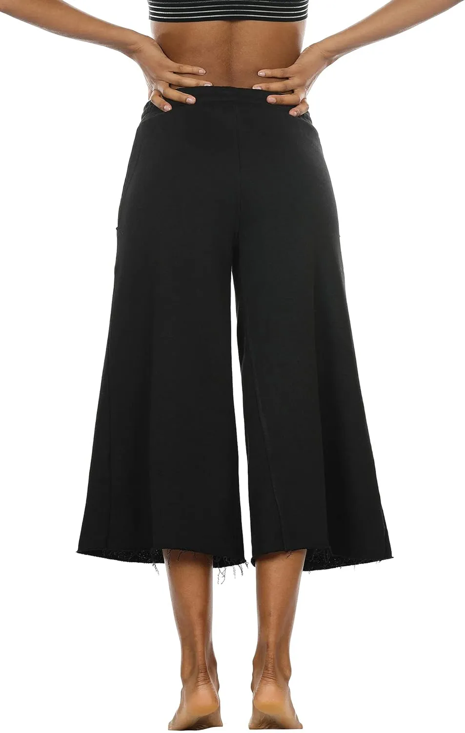 icyzone Culottes Capri Pants for Women - Elastic Waist Wide Leg Joggers Casual Lounge Cotton Sweatpants with Pockets