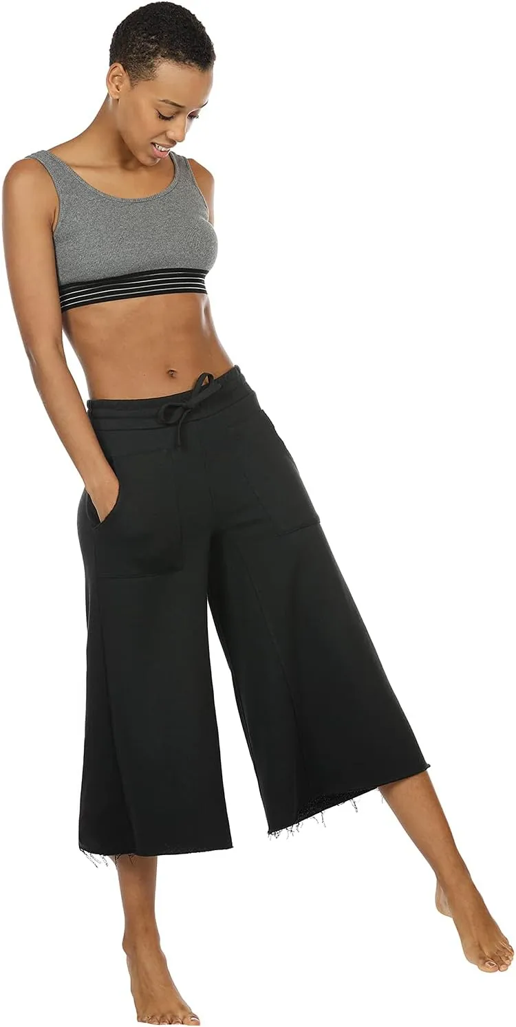 icyzone Culottes Capri Pants for Women - Elastic Waist Wide Leg Joggers Casual Lounge Cotton Sweatpants with Pockets