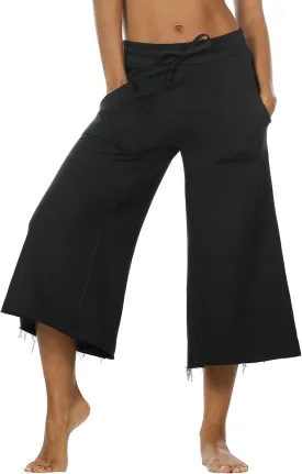 icyzone Culottes Capri Pants for Women - Elastic Waist Wide Leg Joggers Casual Lounge Cotton Sweatpants with Pockets