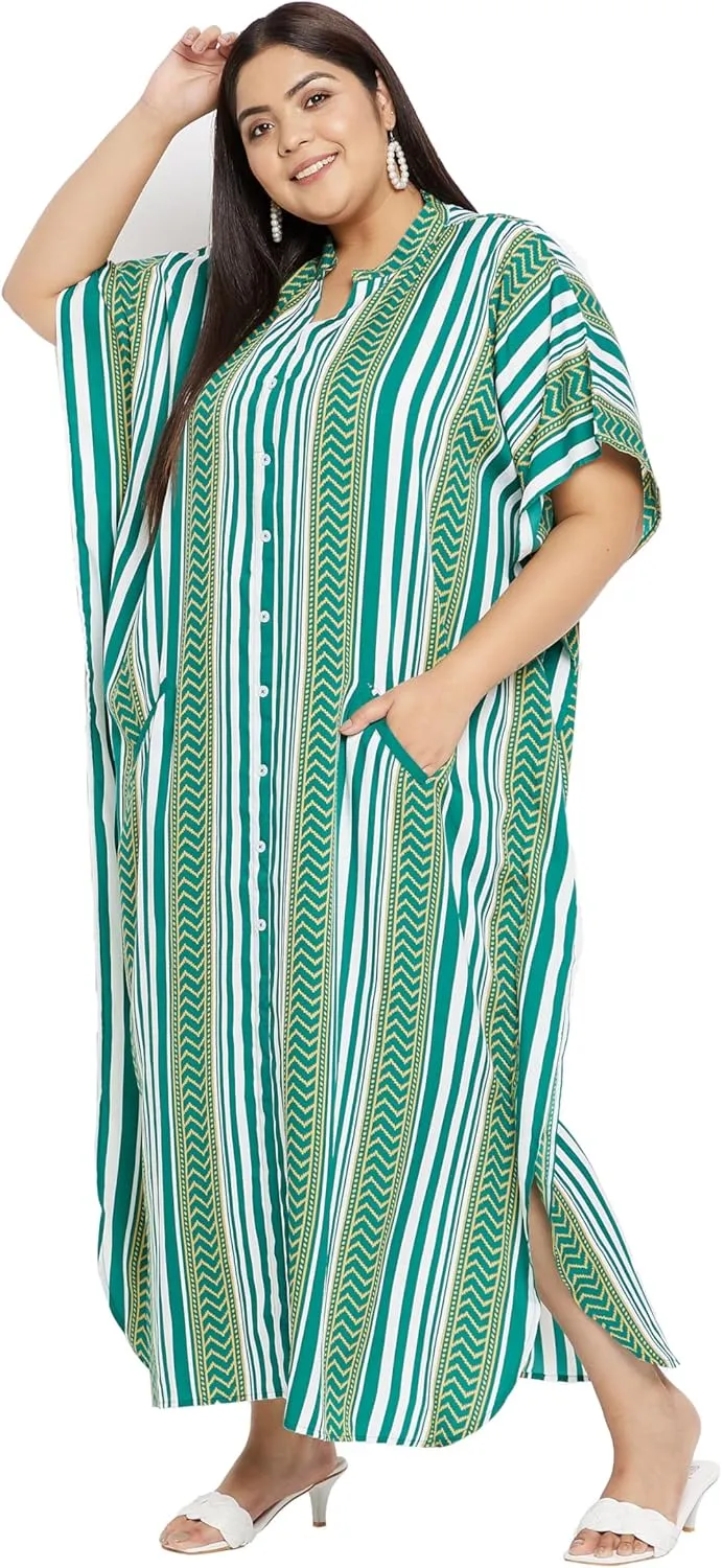 Kaftan Plus Size Women Dress Button Down Kimono Side Slit Maxi Dresses Two Side Pocket Caftan for Evening Wear