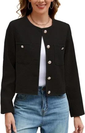 Ladyful Cropped Tweed Blazer for Women Collarless Casual Work Business Tweed Jacket Elegant Fall Trendy Ladies Coat