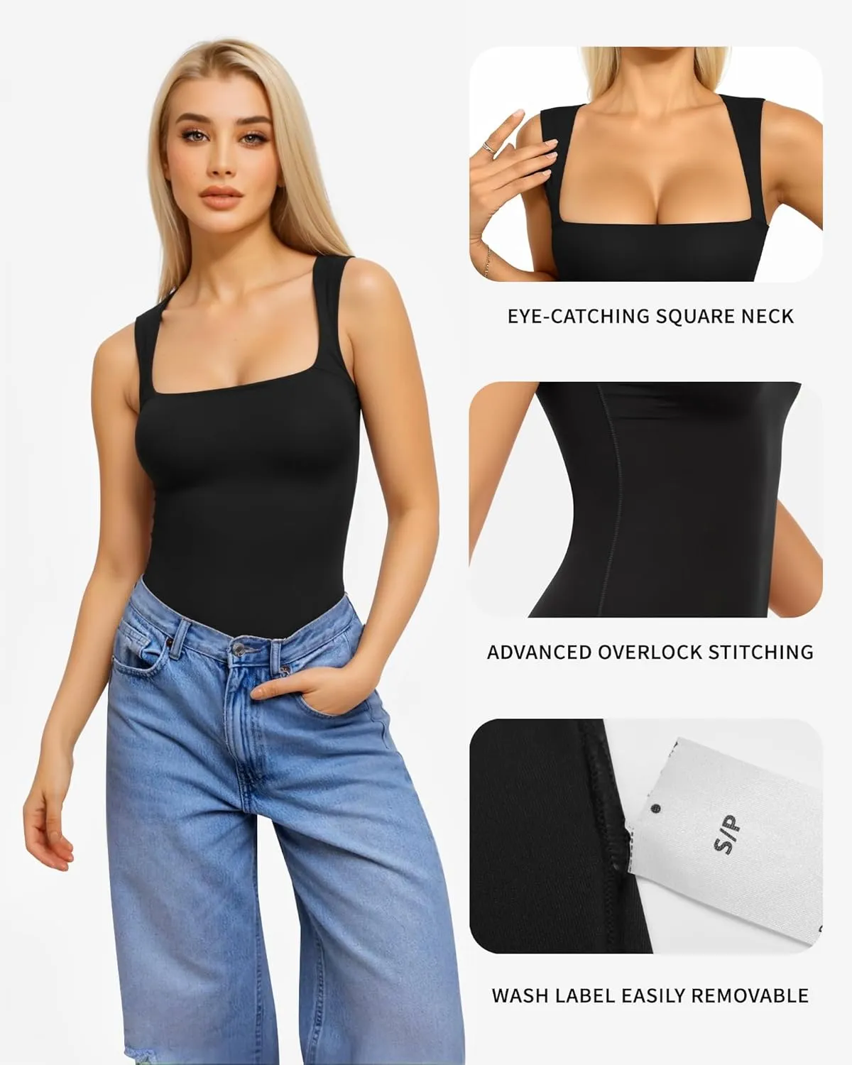 MANGOPOP Women's Square Neck Tank Top Bodysuit Sexy Double Lined Sleeveless Thong Body Suits Going Out Tops