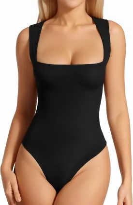 MANGOPOP Women's Square Neck Tank Top Bodysuit Sexy Double Lined Sleeveless Thong Body Suits Going Out Tops