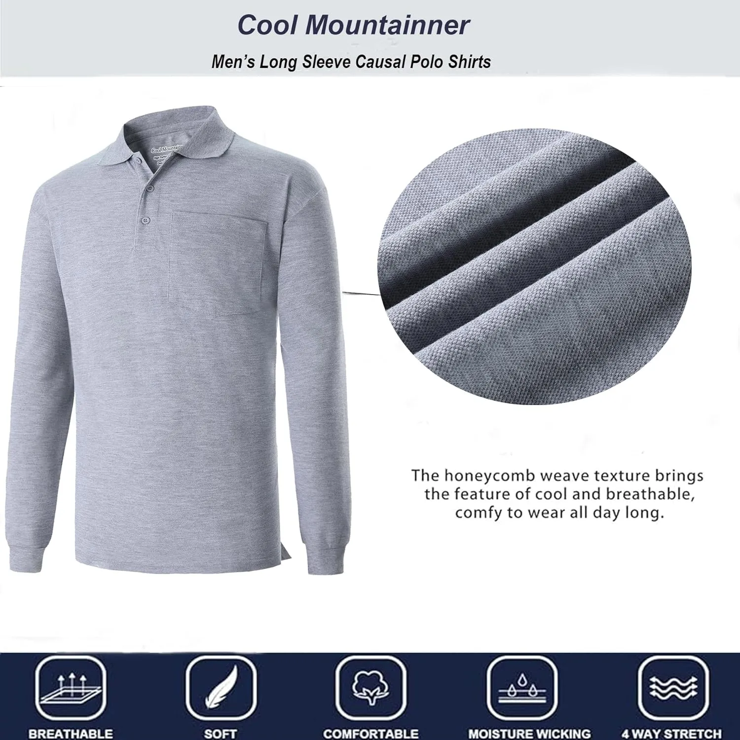 Men's Polo Shirts Long Sleeve Classic Quick Dry Moisture Wicking Tactical Golf Shirts for Men with Pocket Causal Athletic