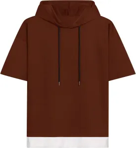 Mens Short Sleeve Hoodie Soft Cotton Color Block Moisture Wicking Patchwork Unisex Hip Hop T-Shirt Hoodie
