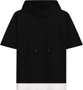 Mens Short Sleeve Hoodie Soft Cotton Color Block Moisture Wicking Patchwork Unisex Hip Hop T-Shirt Hoodie