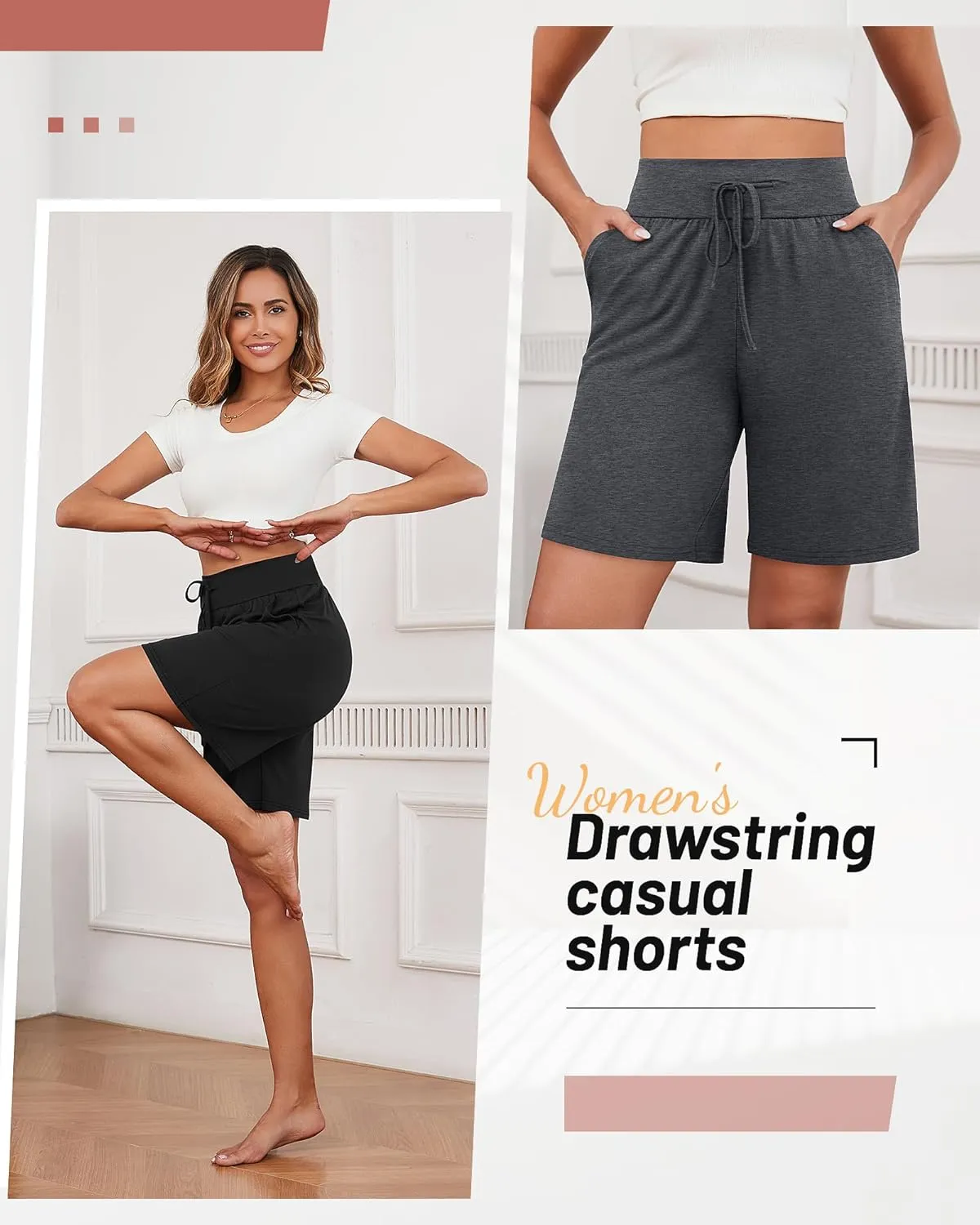Neer 3 Pack Cotton Bermuda Shorts for Women Wide Leg High Waisted Drawstring Gym Shorts with Pocket