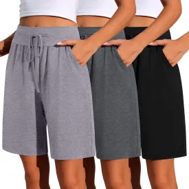 Neer 3 Pack Cotton Bermuda Shorts for Women Wide Leg High Waisted Drawstring Gym Shorts with Pocket