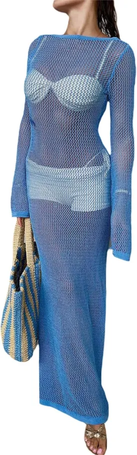 NUFIWI Women Crochet Knitted Long Sleeve Dress Hollow Backless Cover Up Long Dress Ruffle Beach Party Cover Up Dress