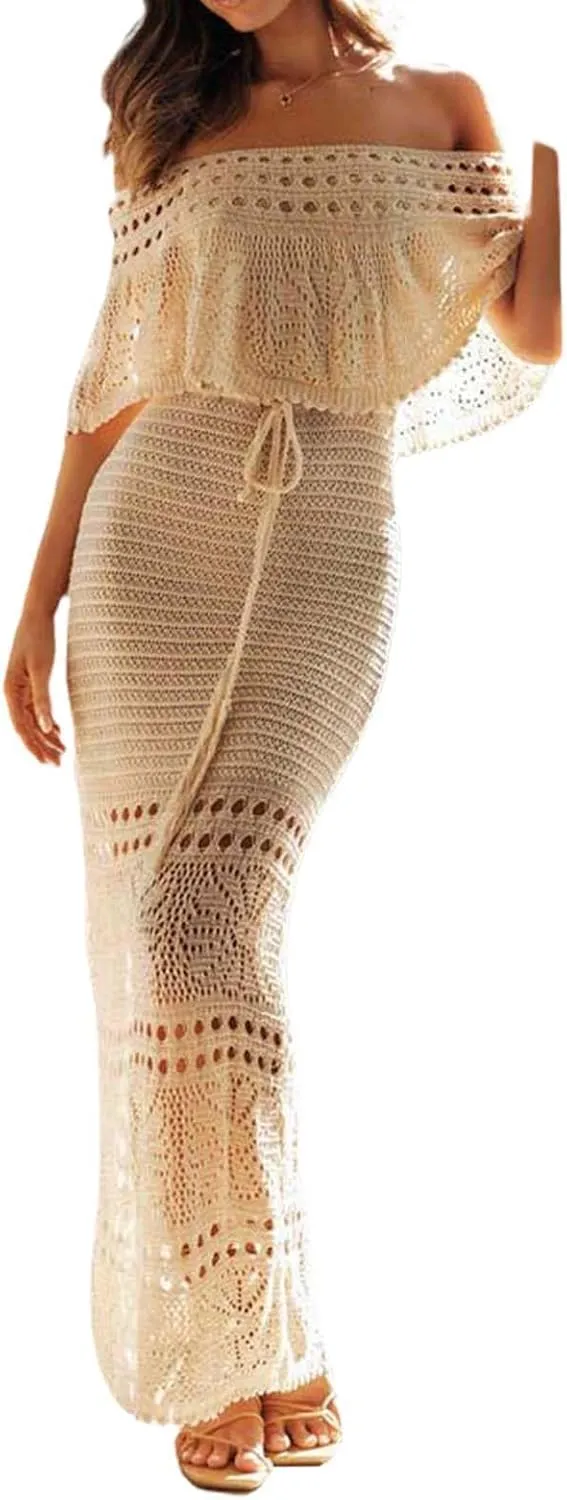 NUFIWI Women Crochet Knitted Long Sleeve Dress Hollow Backless Cover Up Long Dress Ruffle Beach Party Cover Up Dress