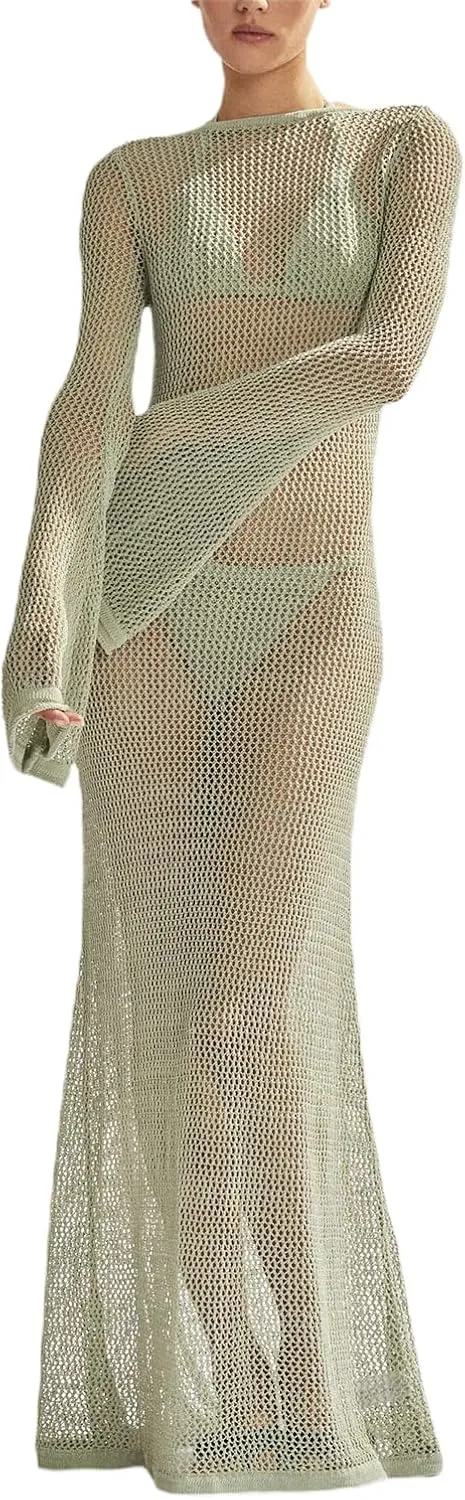 NUFIWI Women Crochet Knitted Long Sleeve Dress Hollow Backless Cover Up Long Dress Ruffle Beach Party Cover Up Dress