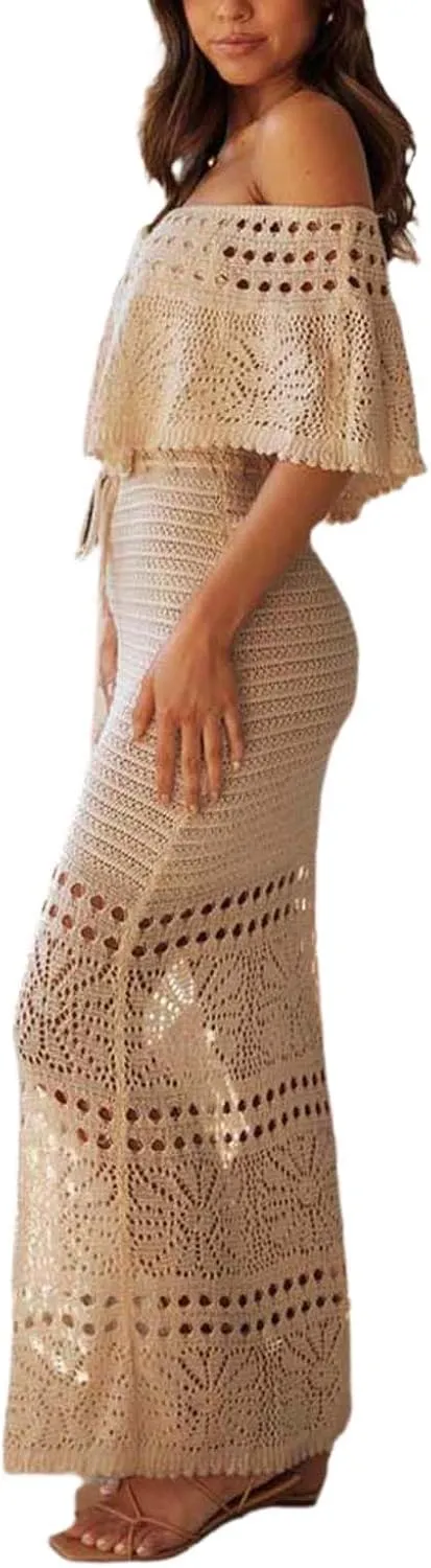 NUFIWI Women Crochet Knitted Long Sleeve Dress Hollow Backless Cover Up Long Dress Ruffle Beach Party Cover Up Dress