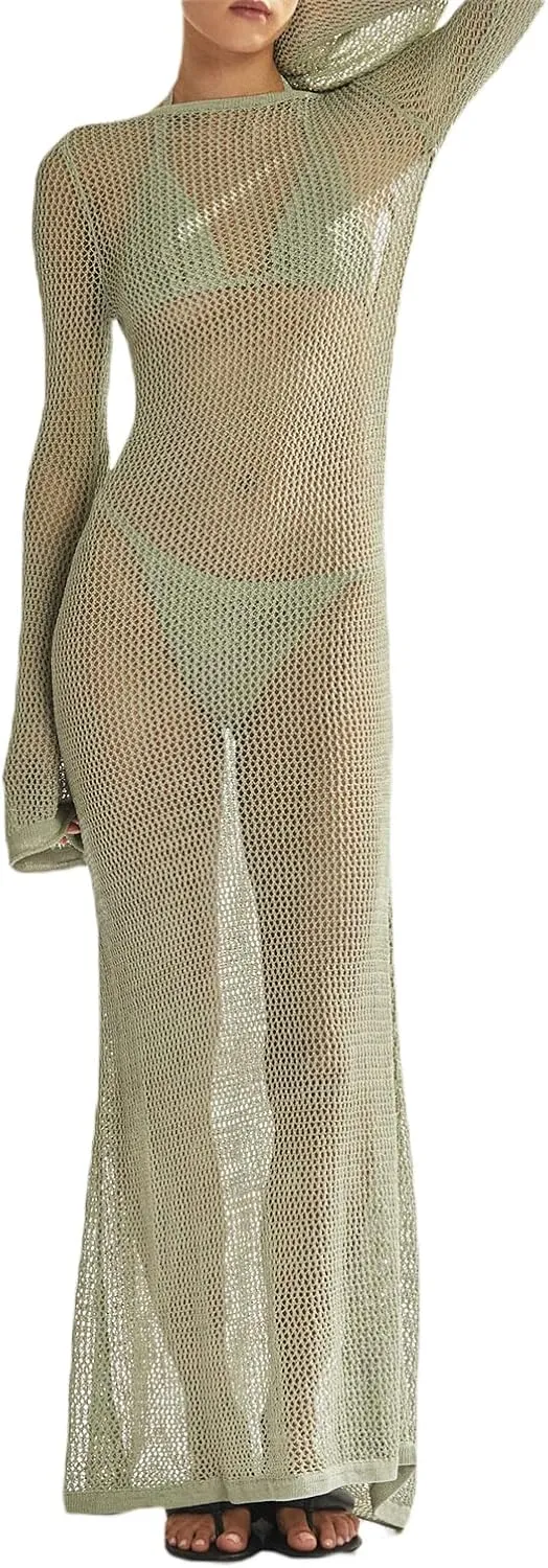 NUFIWI Women Crochet Knitted Long Sleeve Dress Hollow Backless Cover Up Long Dress Ruffle Beach Party Cover Up Dress