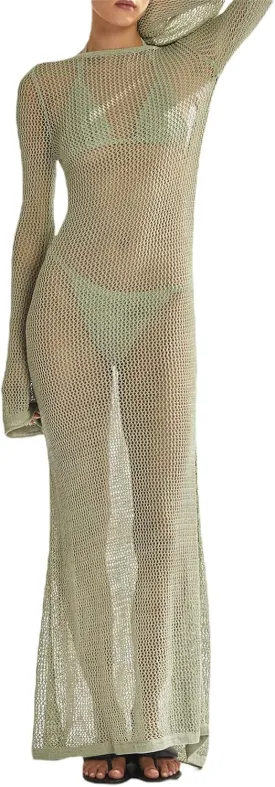 NUFIWI Women Crochet Knitted Long Sleeve Dress Hollow Backless Cover Up Long Dress Ruffle Beach Party Cover Up Dress