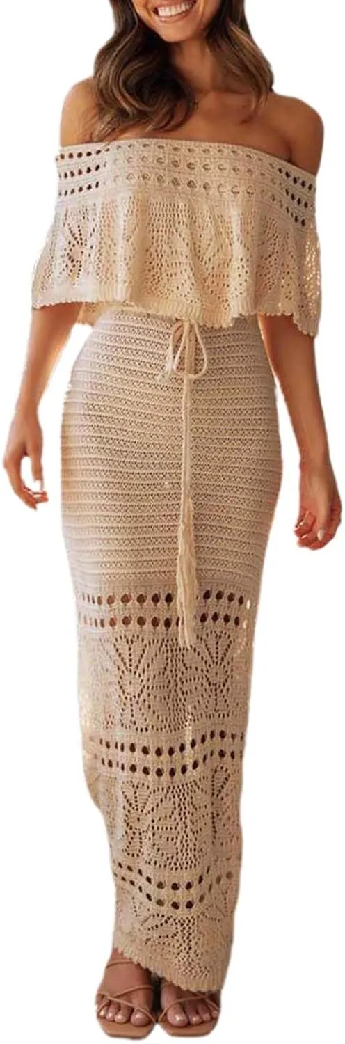 NUFIWI Women Crochet Knitted Long Sleeve Dress Hollow Backless Cover Up Long Dress Ruffle Beach Party Cover Up Dress