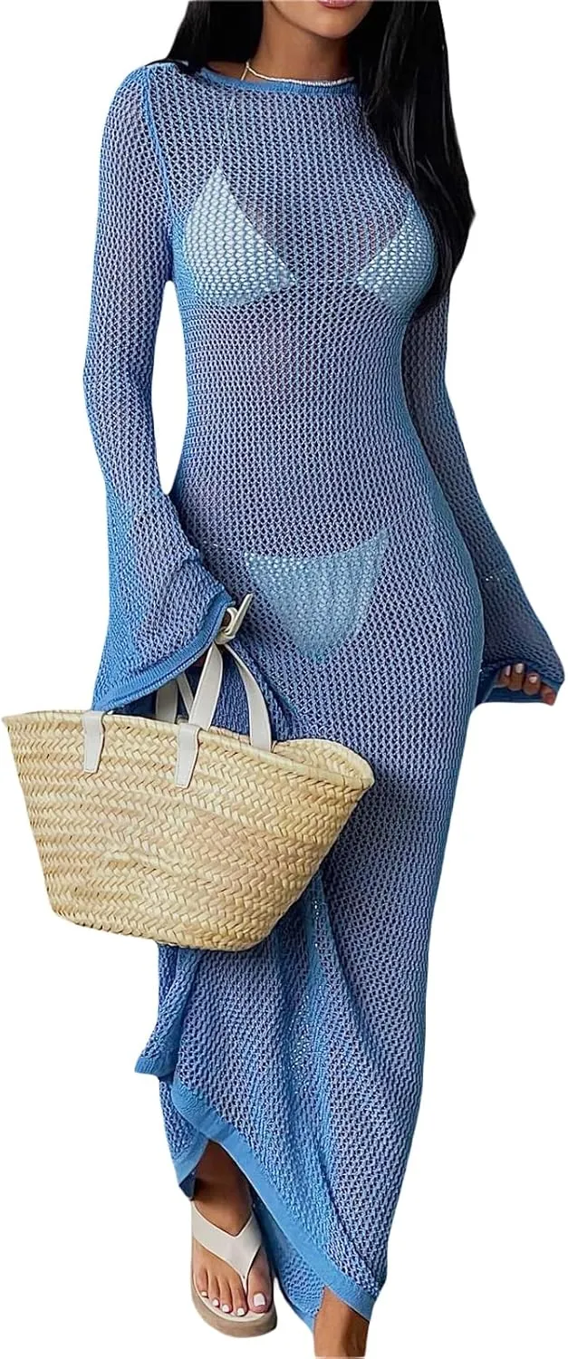 NUFIWI Women Crochet Knitted Long Sleeve Dress Hollow Backless Cover Up Long Dress Ruffle Beach Party Cover Up Dress