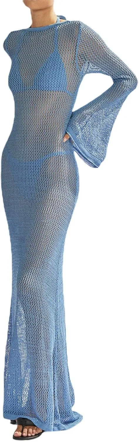NUFIWI Women Crochet Knitted Long Sleeve Dress Hollow Backless Cover Up Long Dress Ruffle Beach Party Cover Up Dress