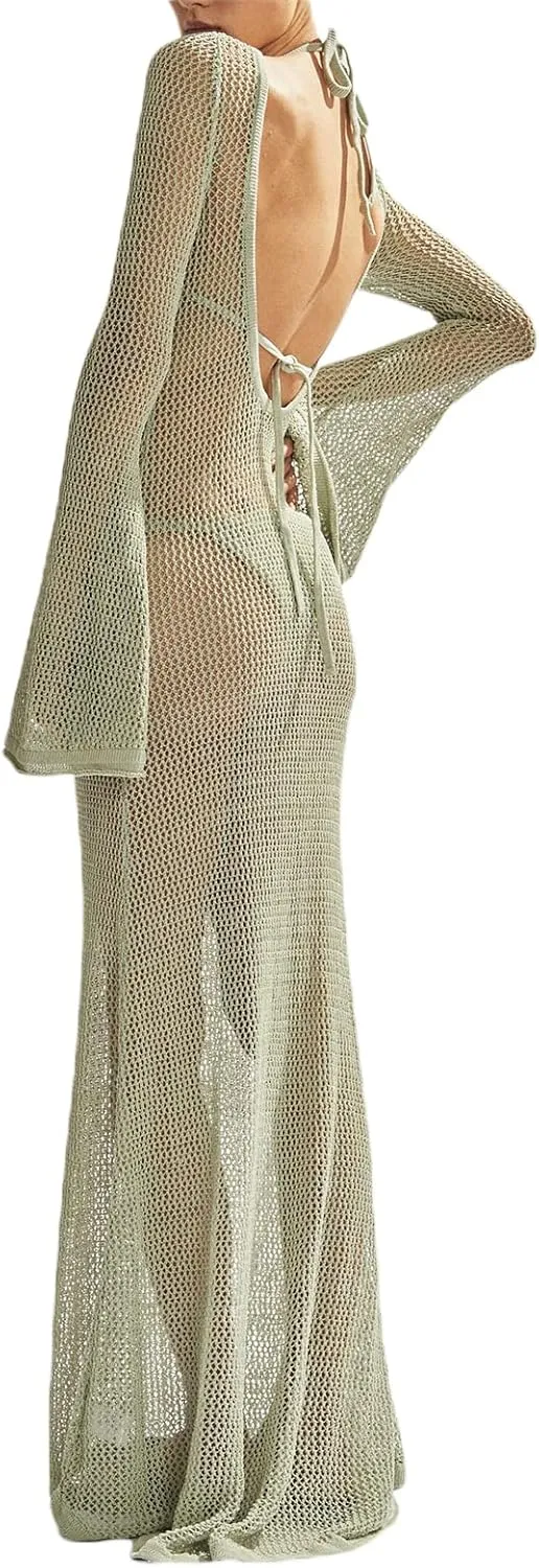 NUFIWI Women Crochet Knitted Long Sleeve Dress Hollow Backless Cover Up Long Dress Ruffle Beach Party Cover Up Dress
