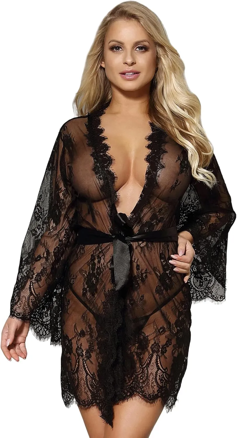 ohyeah Women Kimono Sheer Mesh Robe Sexy Eyelash Lace Long Sleeve Short Nightgown Cover Up With Thong Tulle Robe Set