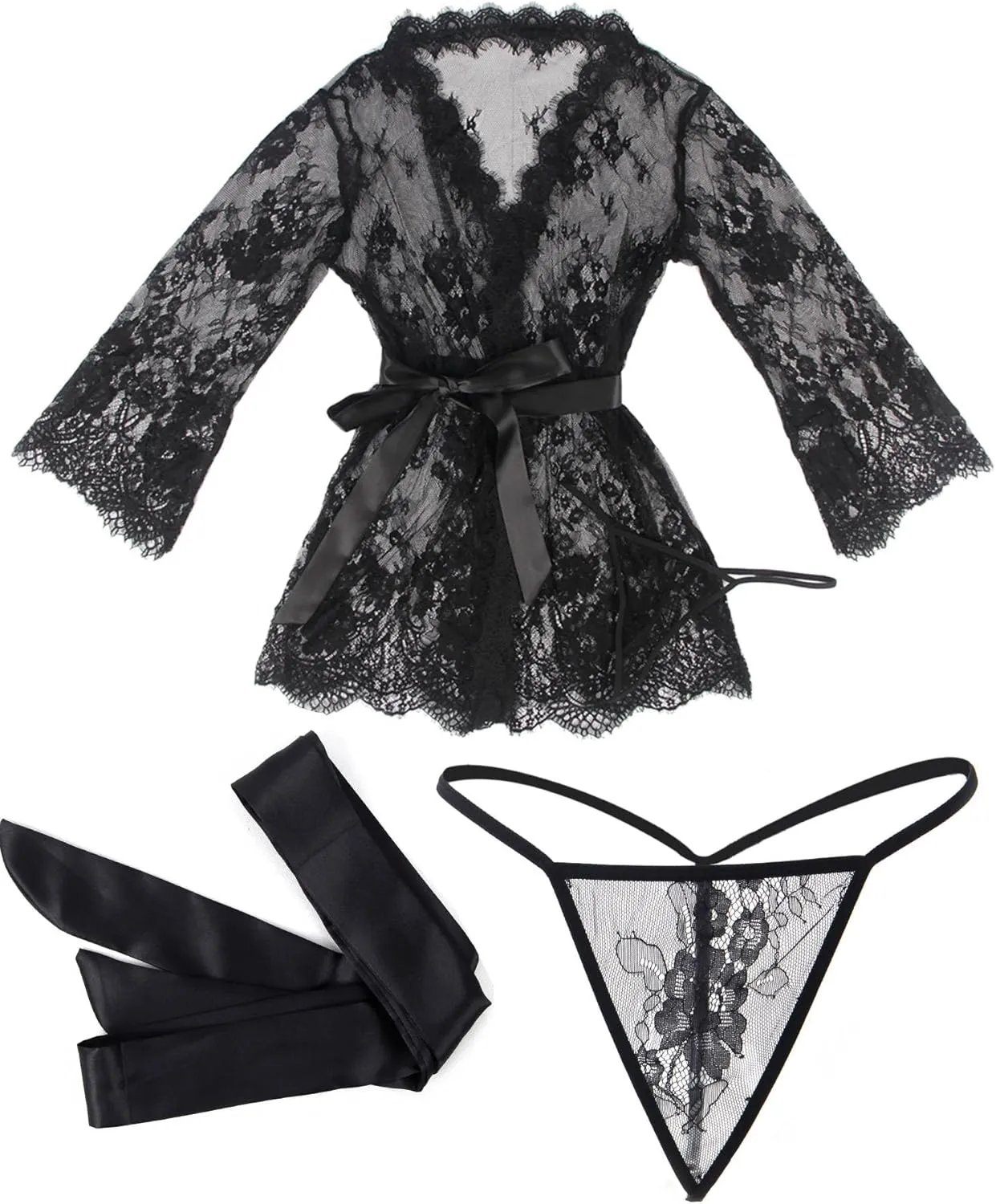 ohyeah Women Kimono Sheer Mesh Robe Sexy Eyelash Lace Long Sleeve Short Nightgown Cover Up With Thong Tulle Robe Set