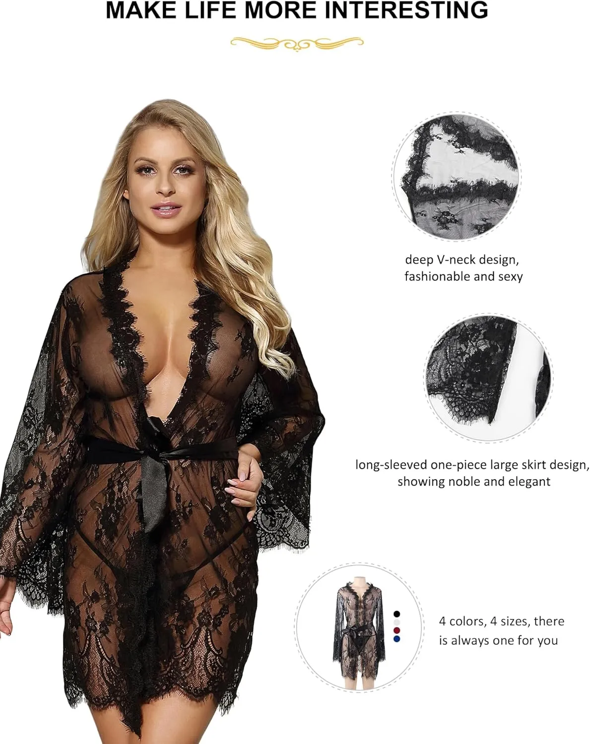ohyeah Women Kimono Sheer Mesh Robe Sexy Eyelash Lace Long Sleeve Short Nightgown Cover Up With Thong Tulle Robe Set