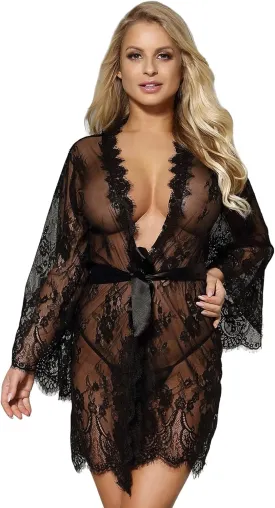 ohyeah Women Kimono Sheer Mesh Robe Sexy Eyelash Lace Long Sleeve Short Nightgown Cover Up With Thong Tulle Robe Set
