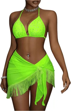 OYOANGLE Women's 3 Piece Swimsuit Rhinestone Sparkly Halter Bikini Bathing Suit with Fringe Sarong Cover Up