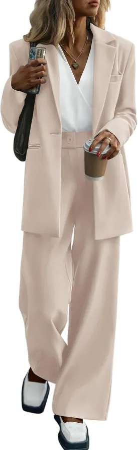 PRETTYGARDEN Women's Fall Two Piece Outfits Dressy Blazer Jacket and Wide Leg Pants Pockets Business Casual Office Suit Sets