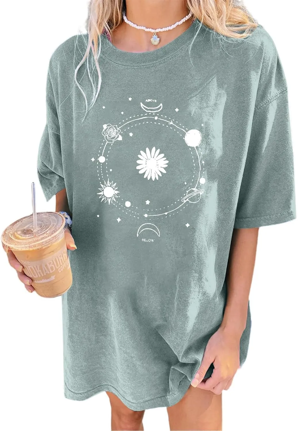 Remidoo Women's Casual Oversized T Shirt Short Sleeve Graphic Tee Letter Sun Moon Shirts