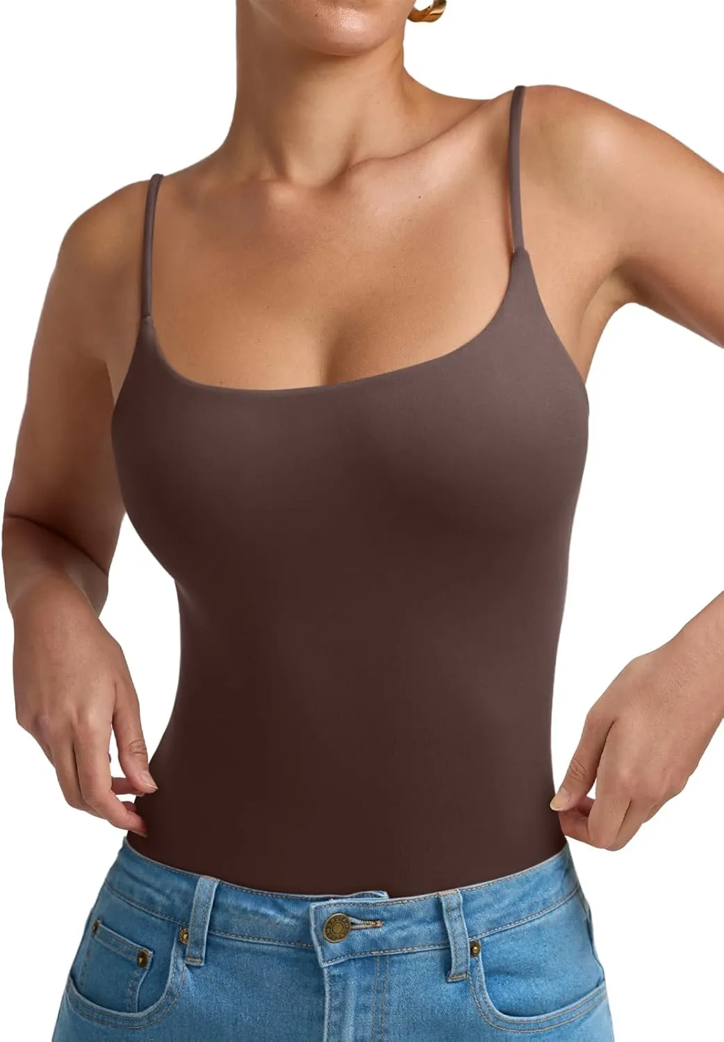 REORIA Women Sexy Cami Square Neck Thong Bodysuit Backless Spaghetti Strap Tank Top