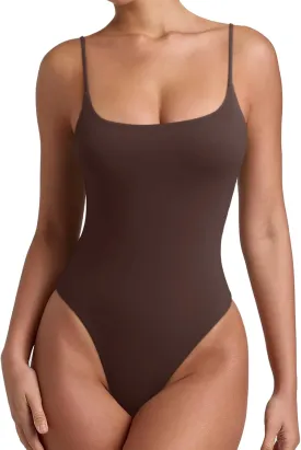 REORIA Women Sexy Cami Square Neck Thong Bodysuit Backless Spaghetti Strap Tank Top