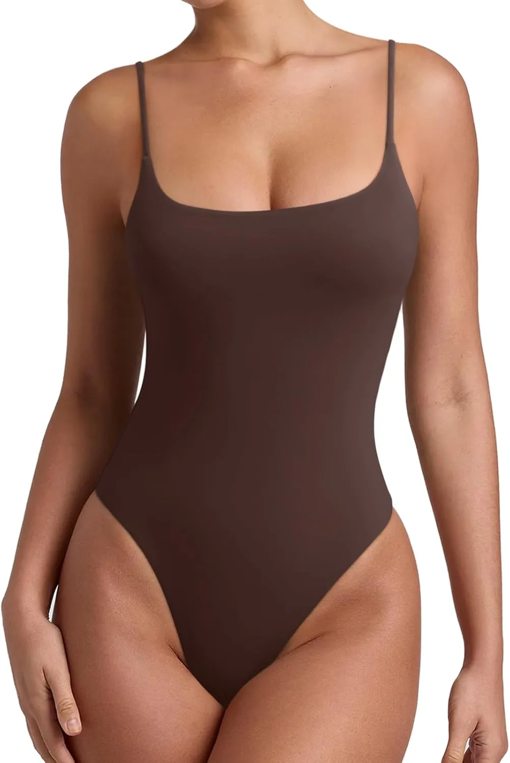 REORIA Women Sexy Cami Square Neck Thong Bodysuit Backless Spaghetti Strap Tank Top