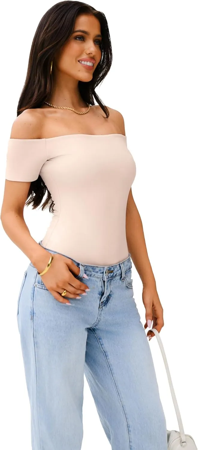 REORIA Women Sexy Off The Shoulder Short Sleeve Backless Basic Double Lined Thong Bodysuit Tops