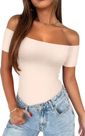 REORIA Women Sexy Off The Shoulder Short Sleeve Backless Basic Double Lined Thong Bodysuit Tops